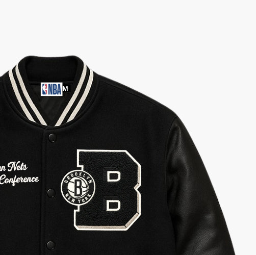 NBA Brooklyn Nets Varsity Teddy Jacket Black Embroidered Logo (M)