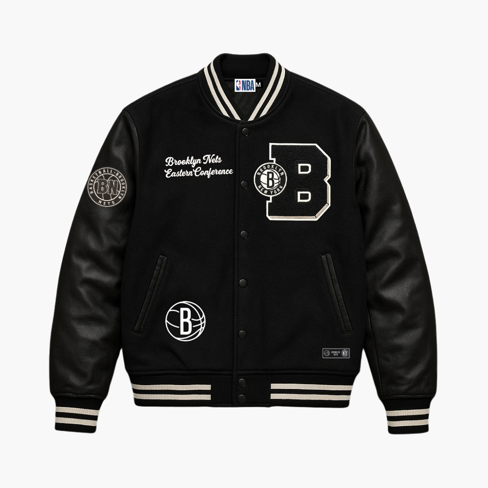 NBA Brooklyn Nets Varsity Teddy Jacket Black Embroidered Logo (M)
