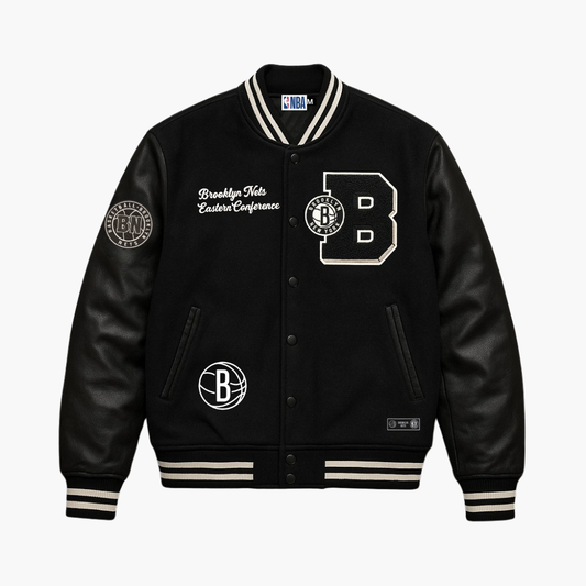 NBA Brooklyn Nets Varsity Teddy Jacket Black Embroidered Logo (M)