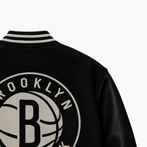 NBA Brooklyn Nets Varsity Teddy Jacket Black Embroidered Logo (M)