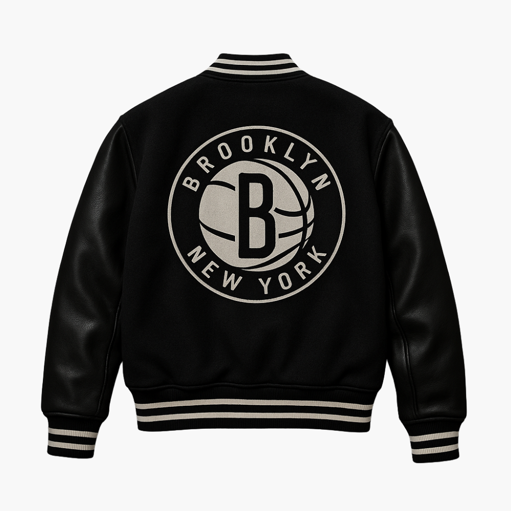 NBA Brooklyn Nets Varsity Teddy Jacket Black Embroidered Logo (M)