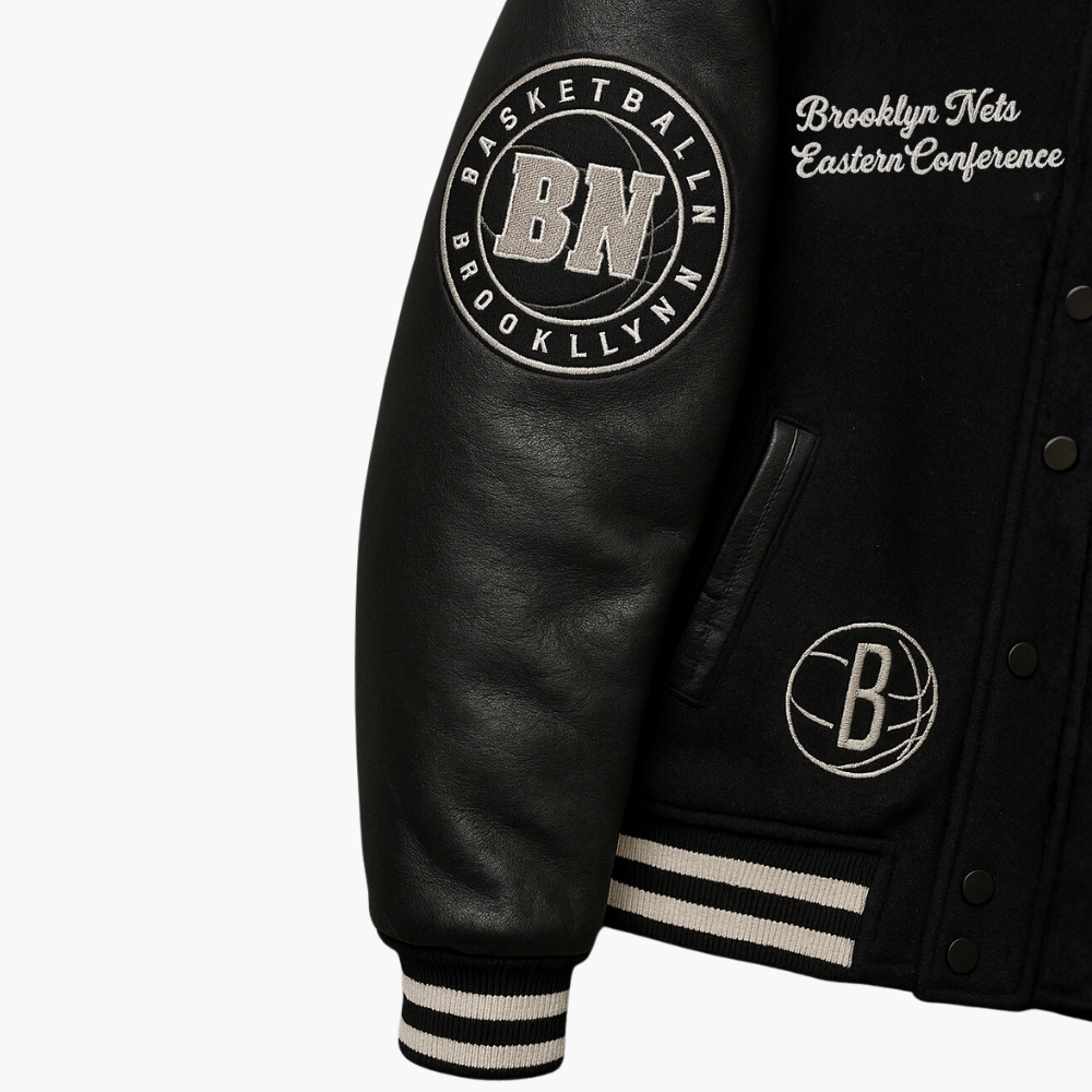 NBA Brooklyn Nets Varsity Teddy Jacket Black Embroidered Logo (M)