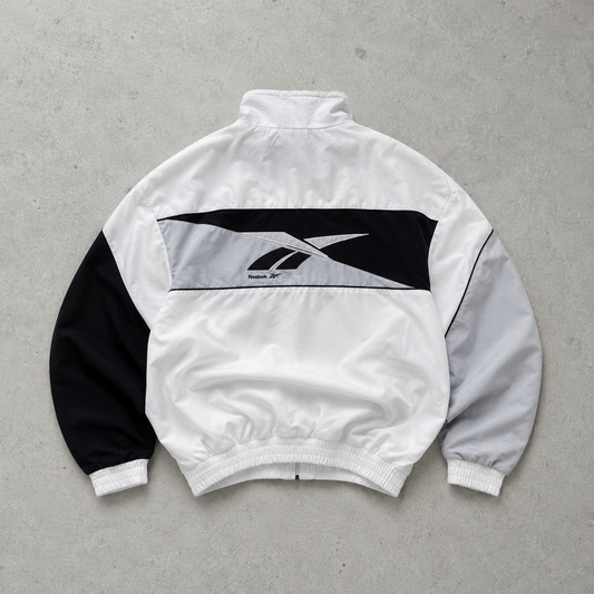 90er Jahre Reebok Windbreaker Weiß / Schwarz Limitiertes gesticktes Logo (XL)