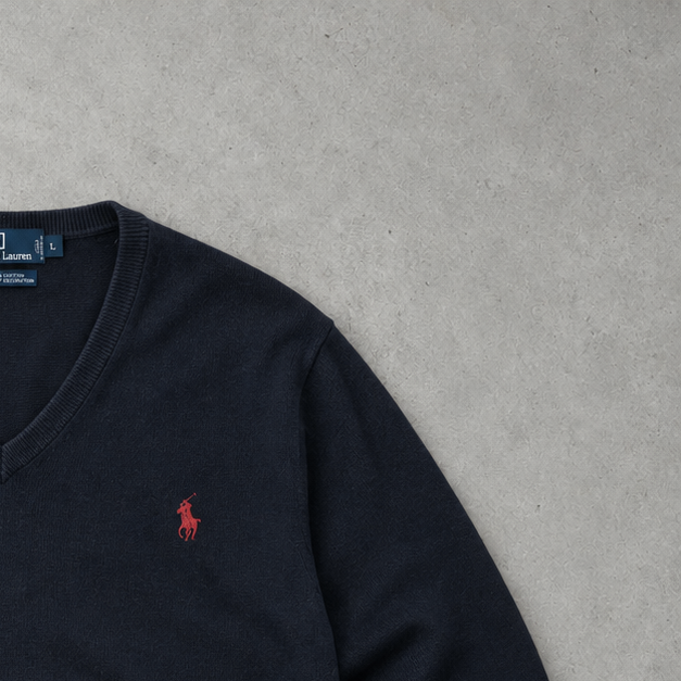 Y2K Polo Ralph Lauren Sweater Marineblau Rare (L) Stitched Logo