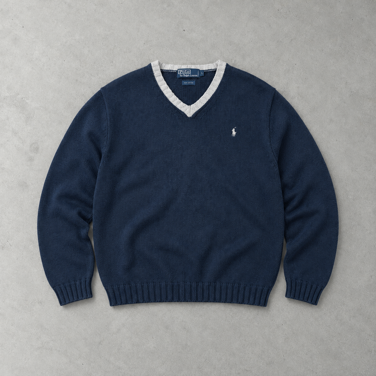 Ralph Lauren V-Neck Sweater Marineblau, Weiß Rare (XL) Stitched Logo