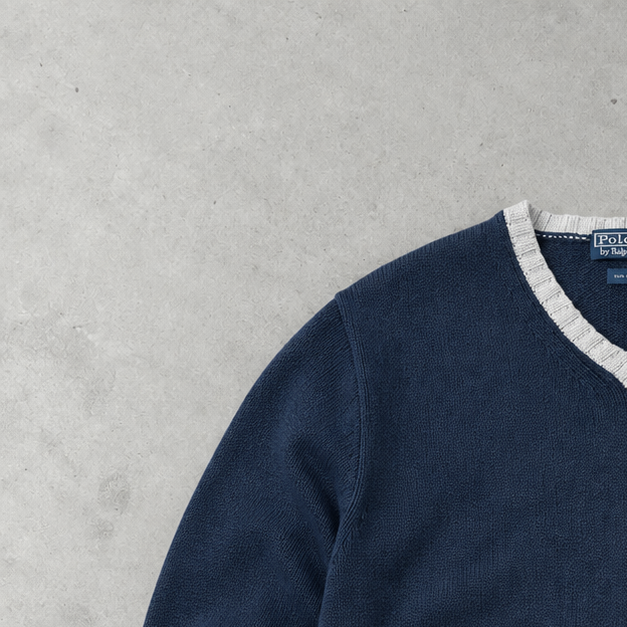 Ralph Lauren V-Neck Sweater Marineblau, Weiß Rare (XL) Stitched Logo