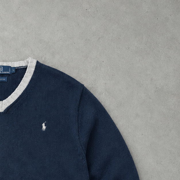 Ralph Lauren V-Neck Sweater Marineblau, Weiß Rare (XL) Stitched Logo