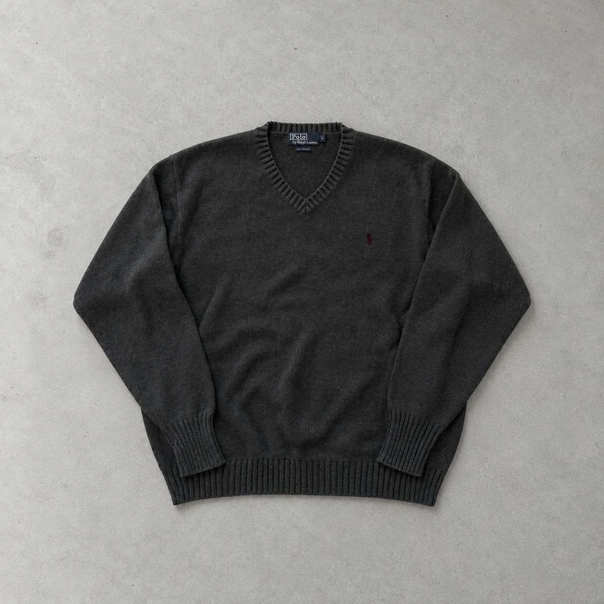 Ralph Lauren V-Neck Sweater Grau Rare (L) Stitched Logo