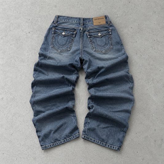 Y2K True Religion Straight Leg Jeans Blue Limited Stitched Logo (W34 | DE 50)