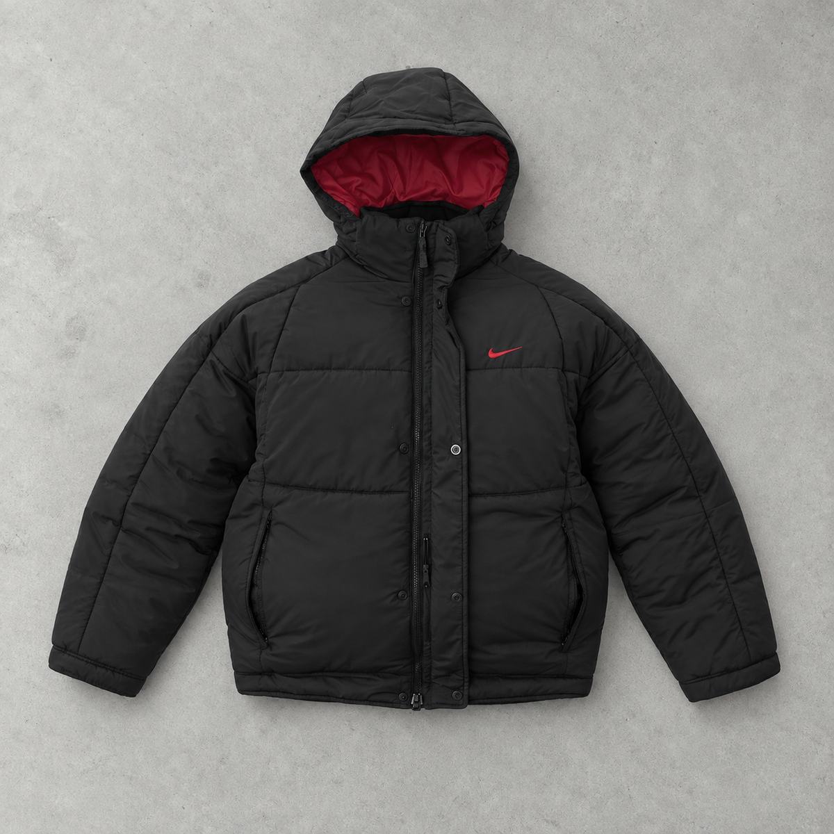 2000 Nike Pufferjacke Schwarz / Rot Selten (L) Gesticktes Logo