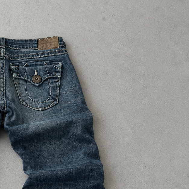 Y2K Vintage True Religion Flared Jeans Marineblau, Blau Limited (W26 | DE 42)