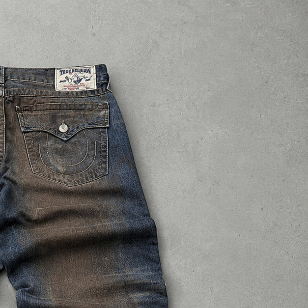 Y2K 2000s Vintage True Religion Straight Fit Jeans Braun, Marineblau Rare (W38 | DE 54)