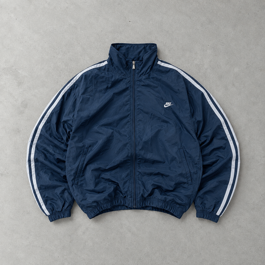 Veste de survêtement vintage Nike bleu marine/blanc rare (L)