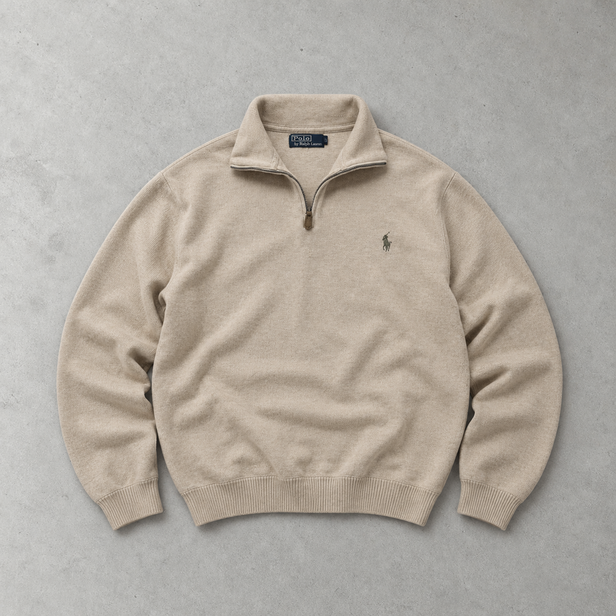 Ralph Lauren Half-Zip Sweater Beige Rare (XL) Stitched Logo