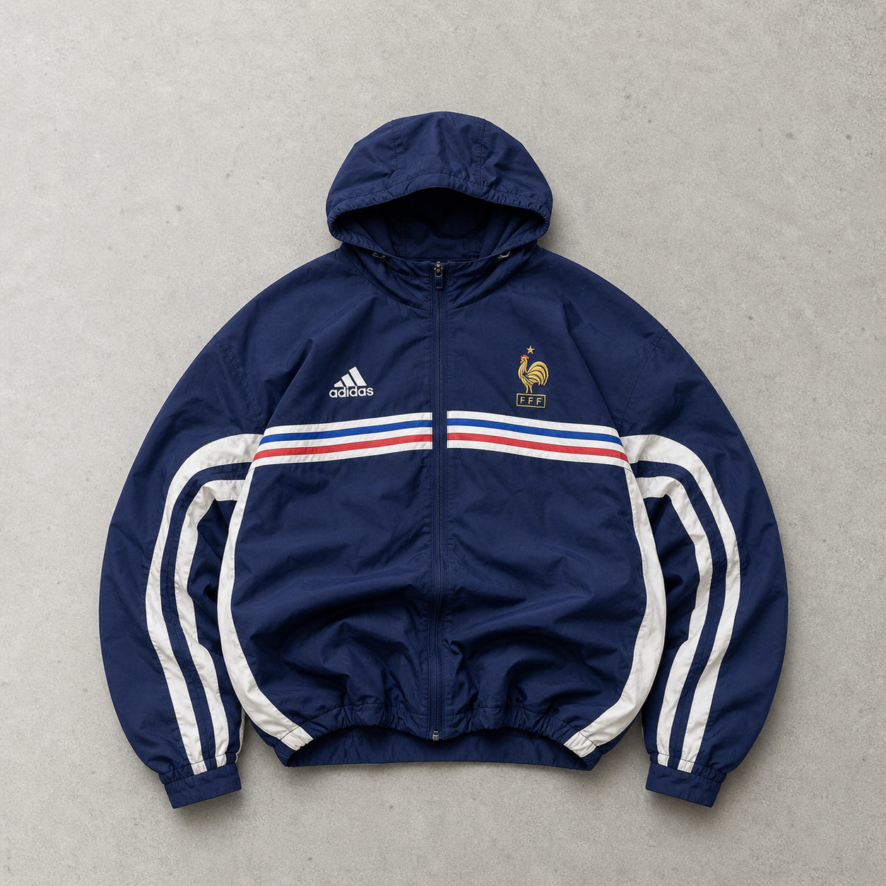 France Football 1998 Adidas Jacket Marineblau, Weiß Rare (L) Stitched Logo