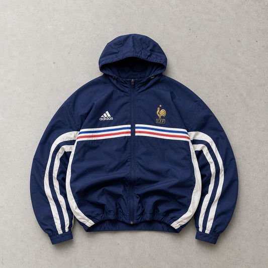France Football 1998 Adidas Jacket Marineblau, Weiß Rare (L) Stitched Logo