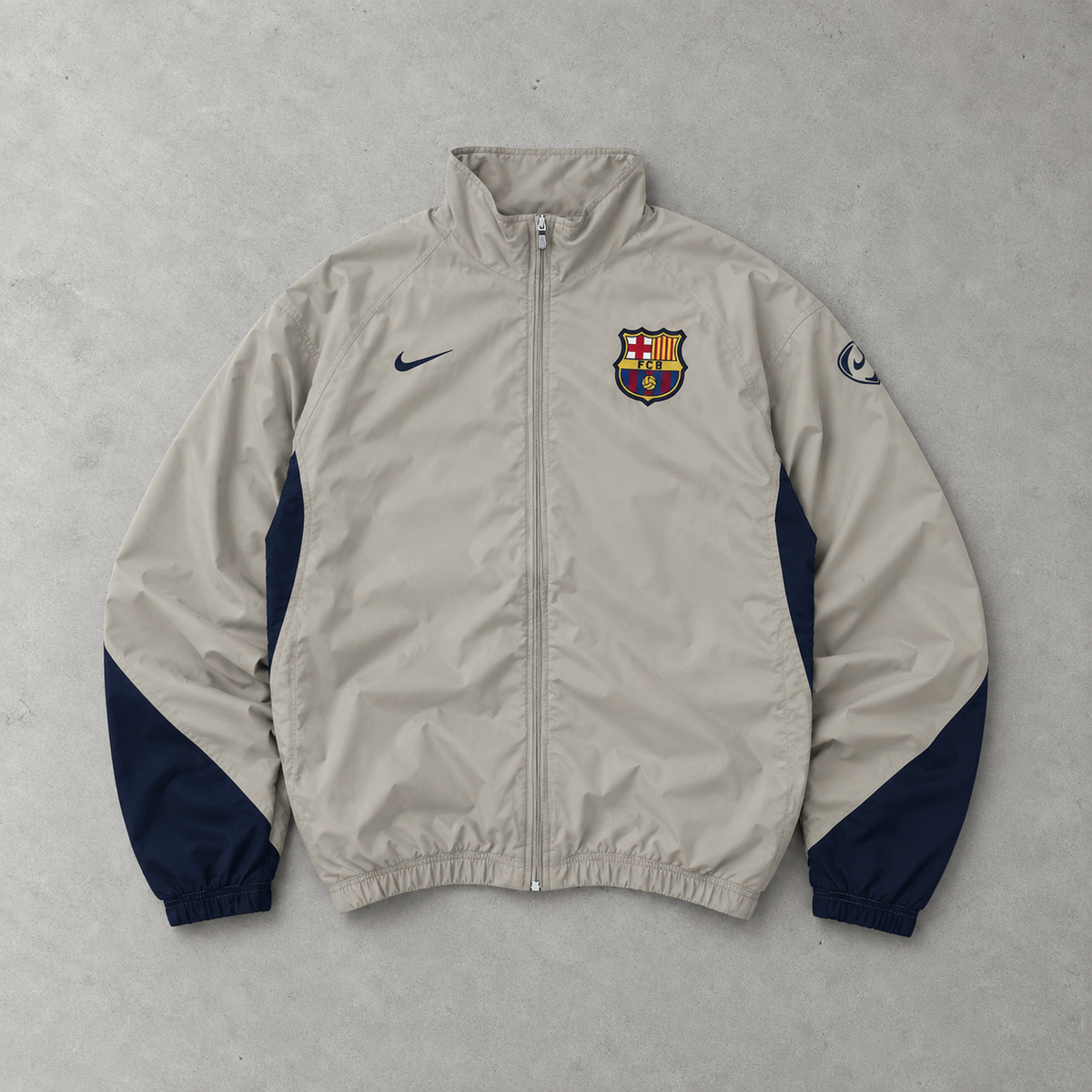FC Barcelona Y2K Nike Track Jacket Beige, Marineblau Limited Stitched Logo (M)