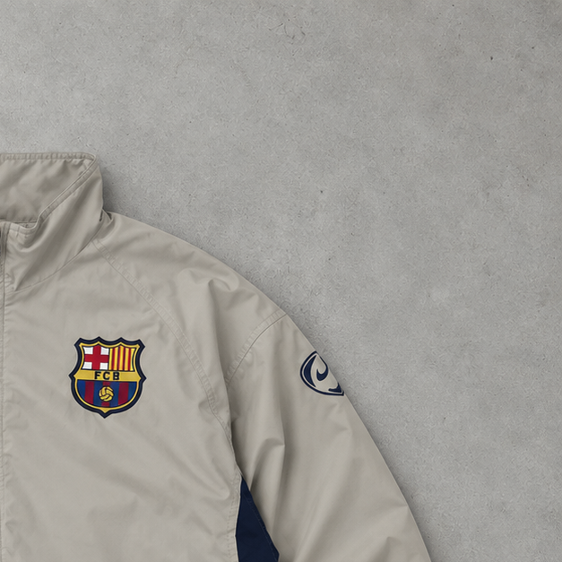 FC Barcelona Y2K Nike Track Jacket Beige, Marineblau Limited Stitched Logo (M)