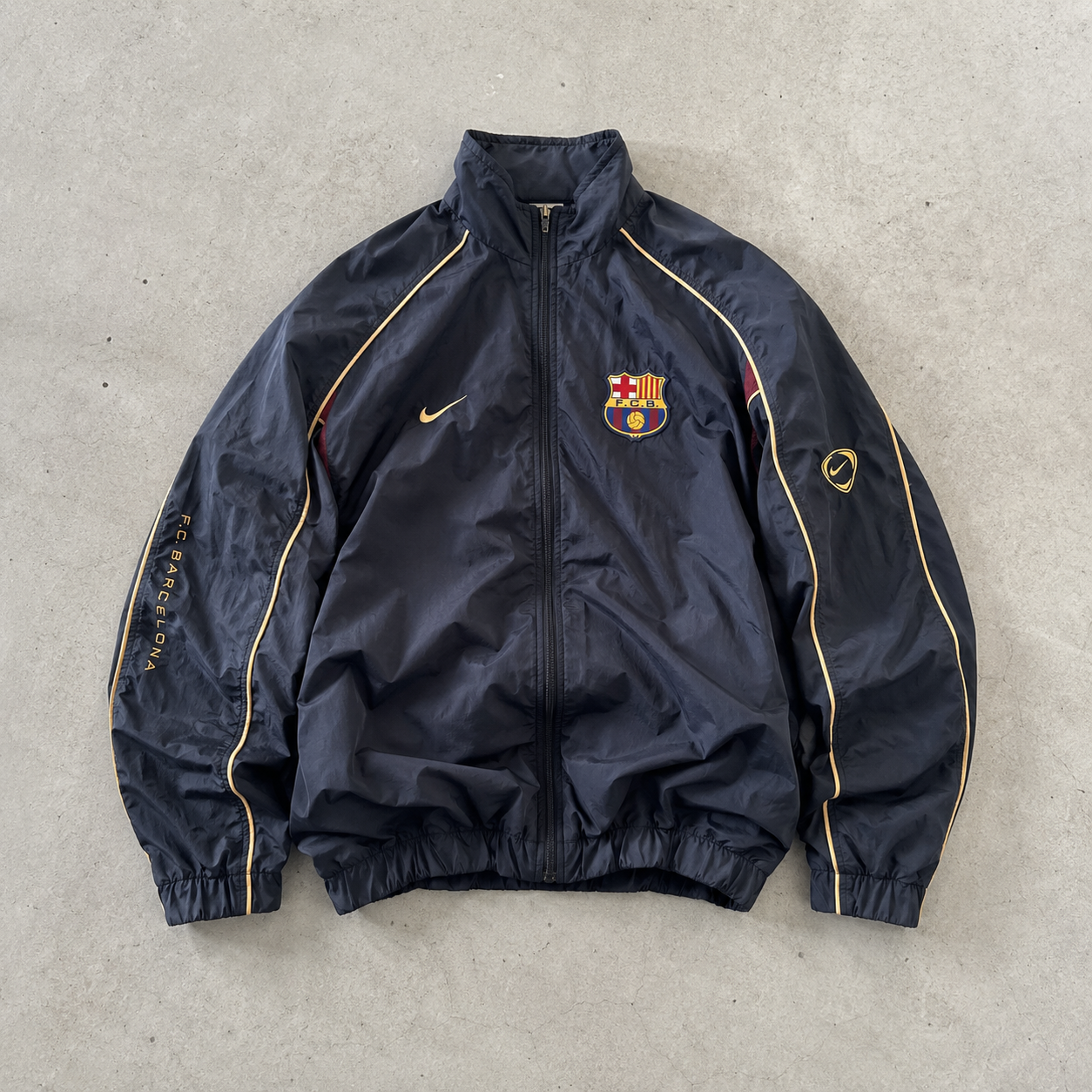 Barcelona 2001 Nike Fleece Jacket Marineblau, Gold Rare Stitched Logo (Size L)