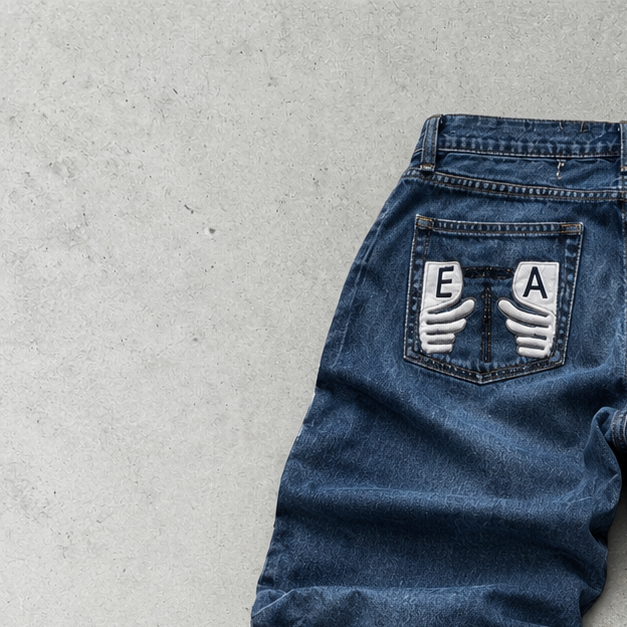 Y2K Emporio Armani Baggy Jeans Navy Rare Stitched Logo (M)