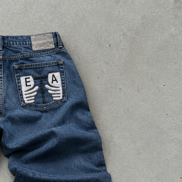 Y2K Emporio Armani Baggy Jeans Navy Rare Stitched Logo (M)